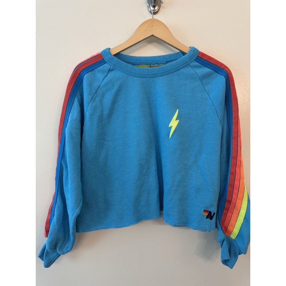 AVIATOR NATION Bolt Crew Neck Cropped Sweatshirt Blue Neon Stripe Women's Large - Picture 1 of 9